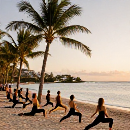 Caribbean Holidays, January Wellness, Outdoor yoga class beside a sandy Caribbean beach in Saint Martin, palm trees, calm sea and soft golden morning light