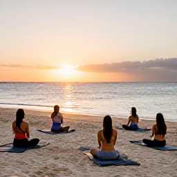 Caribbean Holidays, January Wellness, Outdoor yoga class on a quiet Dominican Republic beach at sunrise, with mats facing the sea and soft golden light