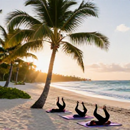 Caribbean Holidays, January Wellness, Outdoor yoga session beside a palm-fringed Dominican Republic beach, early morning sunshine and peaceful tropical surroundings