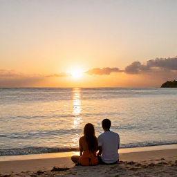 Caribbean Holidays, January Wellness, Peaceful sunset over a Caribbean bay in Tobago, couple sitting quietly on the shore with warm evening light