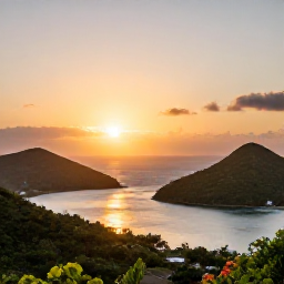 Caribbean Holidays, January Wellness, Peaceful sunset over the Caribbean from a Saint Martin viewpoint, with two bays, green hills and warm golden light