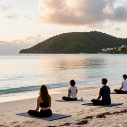 Caribbean Holidays, January Wellness, People enjoying a calm sunrise yoga session on a Caribbean beach in the British Virgin Islands, with the sea and green hills in the background