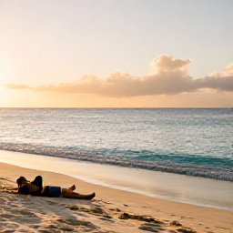 Caribbean Holidays, January Wellness, Quiet Bahamian beach at sunrise in January, soft golden light, calm turquoise sea and a person relaxing on the sand
