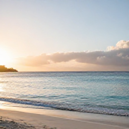 Caribbean Holidays, January Wellness, Quiet Caribbean beach in Saint Martin at sunrise, calm turquoise water, soft morning light, relaxed wellness holiday atmosphere