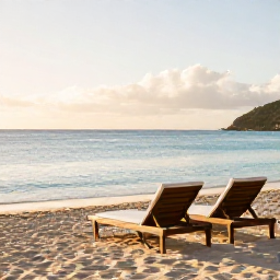 Caribbean Holidays, January Wellness, Quiet Caribbean beach on Saint Martin in January with calm turquoise water, soft morning light and comfortable sun loungers