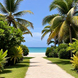 Caribbean Holidays, January Wellness, Quiet coastal path through tropical greenery in the Dominican Republic, leading towards a peaceful beach in clear January weather
