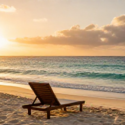 Caribbean Holidays, January Wellness, Quiet Dominican Republic beach at sunrise in January, soft golden light, calm turquoise sea and a comfortable sun lounger