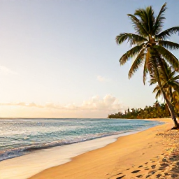 Caribbean Holidays, January Wellness, Quiet golden beach in Trinidad and Tobago at sunrise, calm turquoise sea, palm trees and a relaxed January holiday atmosphere