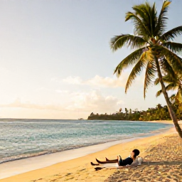 Caribbean Holidays, January Wellness, Quiet golden beach on Saint Kitts with calm turquoise water, palm trees and a person relaxing in the morning sunshine