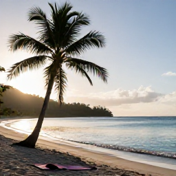 Caribbean Holidays, January Wellness, Quiet Saint Lucia beach at sunrise with palm trees, calm turquoise water and a yoga mat on the sand