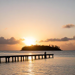 Caribbean Holidays, January Wellness, Quiet sunset over a small Grenadine island, with calm sea, a simple wooden jetty and warm evening light