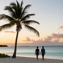 Caribbean Holidays, January Wellness, Relaxed couple walking beside Grace Bay Beach at sunset in Turks and Caicos, with palm trees and calm turquoise sea
