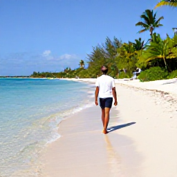 Caribbean Holidays, January Wellness, Relaxed walk along a quiet Bahamian beach in January, clear shallow water, soft sand and green palms