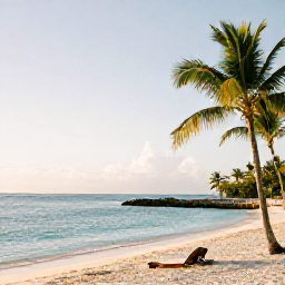 Caribbean Holidays, January Wellness, Relaxing beachfront wellness scene in Punta Cana, Dominican Republic, with calm turquoise water, white sand and palm trees in warm January sunshine