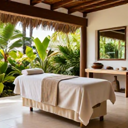 Caribbean Holidays, January Wellness, Relaxing spa treatment in a bright Dominican Republic resort, natural wood, tropical plants and soft neutral colours