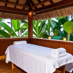 Caribbean Holidays, January Wellness, Relaxing spa treatment in an elegant Caribbean resort, natural wood, tropical greenery and soft candlelight