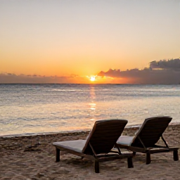 Caribbean Holidays, January Wellness, Sunset over a quiet beach on Nevis, with two comfortable loungers, calm sea and warm evening colours