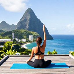 Caribbean Holidays, January Wellness, Traveller doing yoga on a wooden deck overlooking Saint Lucia's green hills and Caribbean Sea
