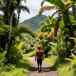 Caribbean Holidays, January Wellness, Traveller walking through lush tropical rainforest on Saint Vincent, with a clear path, palms and distant green hills