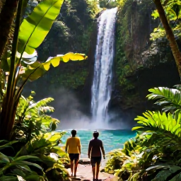 Caribbean Holidays, January Wellness, Travellers walking through a lush Caribbean rainforest towards a waterfall, with tropical plants, sunlight and a clear natural pool
