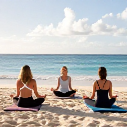 Caribbean Holidays, January Wellness, Wellness traveller enjoying a gentle beachfront yoga session in Turks and Caicos during a sunny January morning