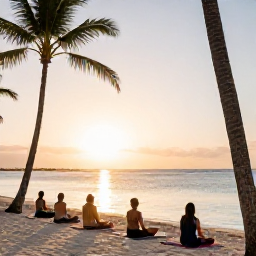 Caribbean Holidays, January Wellness, Wellness traveller enjoying a sunrise yoga session on a quiet Bahamian beach, palm trees, pale sand and calm ocean