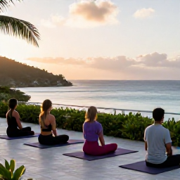 Caribbean Holidays, January Wellness, Yoga session overlooking the Caribbean Sea on a terrace in St John, United States Virgin Islands, peaceful January morning, natural surroundings