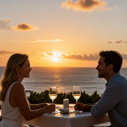 Caribbean Holidays, January Wine Holidays, Couple enjoying a Caribbean sunset from a restaurant terrace, with wine glasses and the ocean in the background
