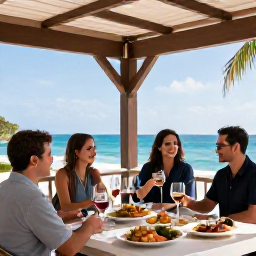 Caribbean Holidays, January Wine Holidays, Outdoor Caribbean wine tasting on a shaded terrace, with elegant glasses, local dishes and a view of the sea