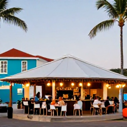 Caribbean Holidays, January Wine Holidays, Relaxed Caribbean coastal town with a wine bar, colourful buildings, palm trees and visitors enjoying an evening meal