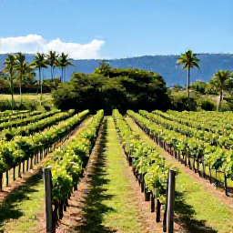 Caribbean Holidays, January Wine Holidays, Sunlit Caribbean vineyard landscape in January, with rows of vines, tropical greenery and distant blue hills
