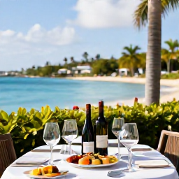Caribbean Holidays, January Wine Tasting, A relaxed wine tasting table on a sunny Saint Martin terrace overlooking the Caribbean Sea, with wine glasses, local food and tropical scenery