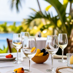 Caribbean Holidays, January Wine Tasting, A relaxed wine tasting table on a sunny Trinidad and Tobago terrace, with Caribbean fruit, elegant glasses and tropical greenery
