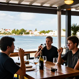 Caribbean Holidays, January Wine Tasting, A welcoming wine bar in Philipsburg, Sint Maarten, with people tasting wine and views towards the harbour