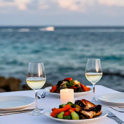 Caribbean Holidays, January Wine Tasting, Caribbean seafood dinner with chilled white wine, grilled fish, colourful vegetables and candlelit table overlooking the ocean