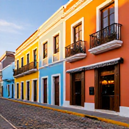 Caribbean Holidays, January Wine Tasting, Colourful Old San Juan street near a wine bar, Spanish colonial buildings, cobbled pavement and evening sunshine