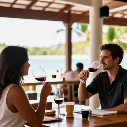 Caribbean Holidays, January Wine Tasting, Couple enjoying a guided wine tasting at a stylish Caribbean restaurant in January
