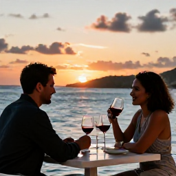 Caribbean Holidays, January Wine Tasting, Couple enjoying a January sunset from a Caribbean waterfront restaurant, wine glasses on the table and pastel sky over the Virgin Islands