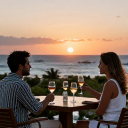 Caribbean Holidays, January Wine Tasting, Couple enjoying a relaxed wine tasting at sunset in Cura&ccedil;ao, with sea views, warm light and a laid-back holiday mood
