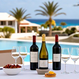 Caribbean Holidays, January Wine Tasting, Elegant outdoor wine tasting table in Cura&ccedil;ao with bottles, tasting glasses, local snacks and tropical scenery