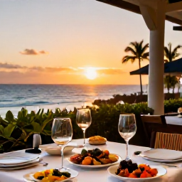 Caribbean Holidays, January Wine Tasting, Elegant Puerto Rican restaurant terrace at sunset, local dishes and wine glasses on a table, tropical surroundings