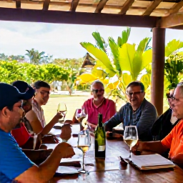 Caribbean Holidays, January Wine Tasting, Friendly wine tasting at a rustic Puerto Rican vineyard, visitors sampling chilled white wine beside tropical plants