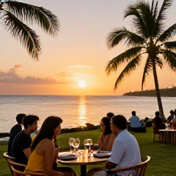 Caribbean Holidays, January Wine Tasting, Golden January sunset over a Trinidad and Tobago coastline, with palm trees, calm sea and a relaxed holiday atmosphere
