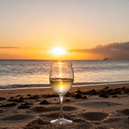 Caribbean Holidays, January Wine Tasting, Golden sunset over a Caribbean beach with a wine glass in the foreground on Saint Kitts