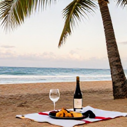 Caribbean Holidays, January Wine Tasting, Relaxed January afternoon at a Puerto Rican beach beside palm trees, with a wine glass and picnic lunch nearby