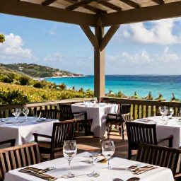 Caribbean Holidays, January Wine Tasting, Sunlit vineyard-style wine tasting terrace overlooking turquoise Caribbean sea on Saint Thomas, elegant glasses and relaxed holiday atmosphere