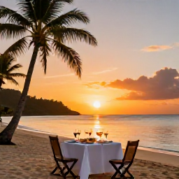 Caribbean Holidays, January Wine Tasting, Sunset over a Saint Barth&eacute;lemy beach with a small table set for wine and dinner, glowing sky, palm trees and calm sea