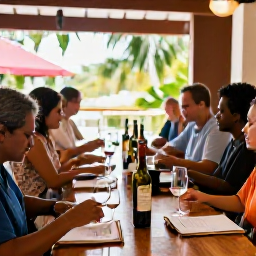 Caribbean Holidays, January Wine Tasting, Visitors enjoying a guided wine tasting in a welcoming Trinidad and Tobago hotel, with bottles, tasting notes and tropical light