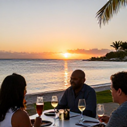 Caribbean Holidays, January Wine Tasting, Visitors enjoying a January sunset with wine glasses on a Caribbean beach in Saint Martin, with calm water and palm trees