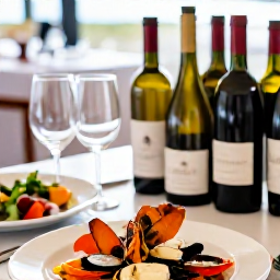 Caribbean Holidays, January Wine Tasting, Wine glasses and a selection of international bottles beside fresh seafood at an elegant restaurant in Grand Case, Saint Martin